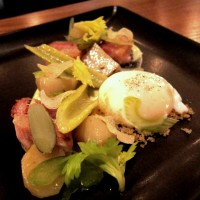 slow cooked egg with braised bacon, confit potato and celery