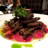Salt Cured Beef Tongue - flash grilled with scallions, onions, watermelon radish, and spicy miso -