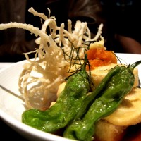 Agedashi Tofu - local organic hodo tofu with Japanese eggplant and shishito peppers in tentsuyu broth -